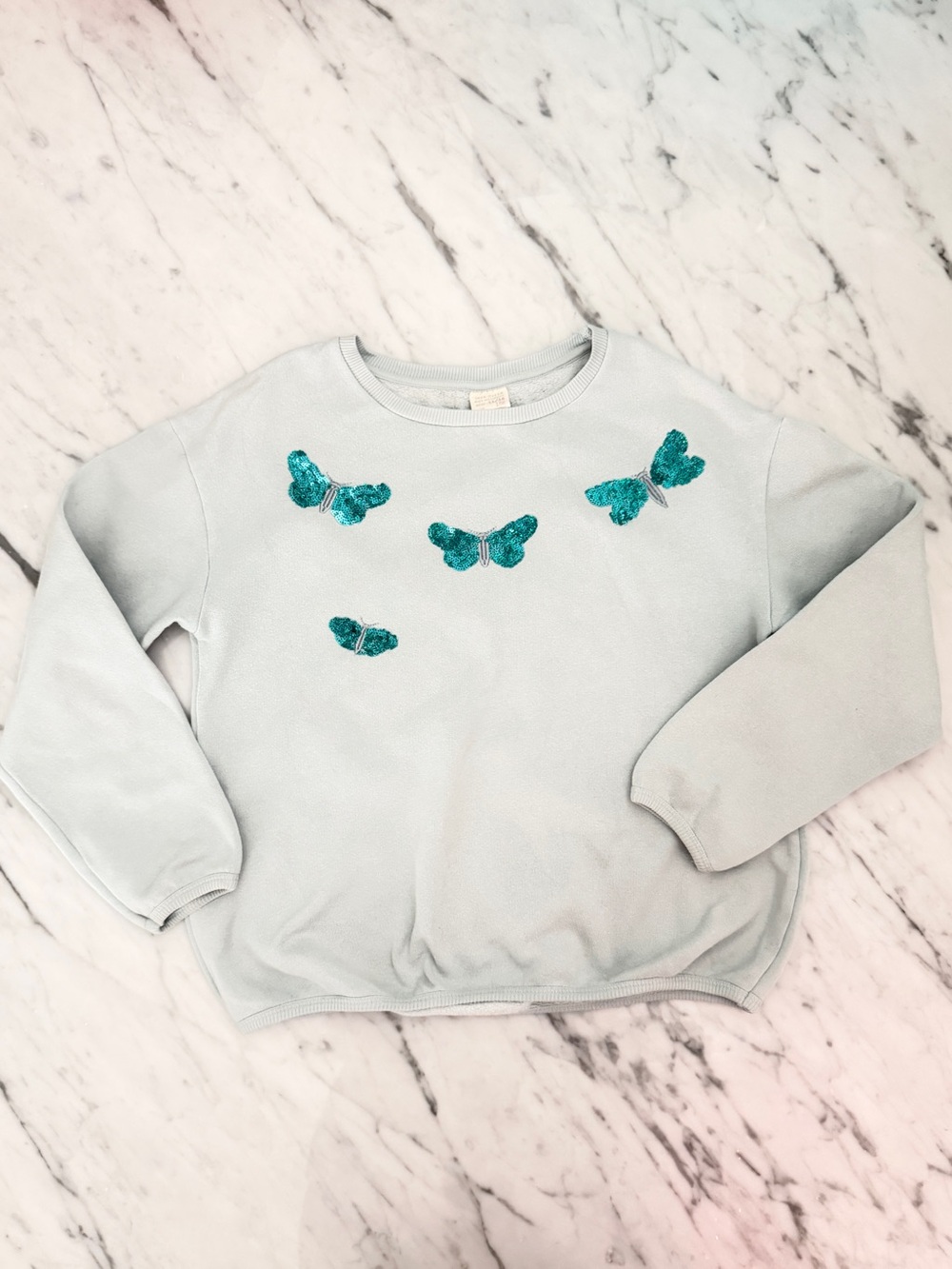 Zara Kids Light Blue Sweatshirt with Sequin Butterflies Size 11/12